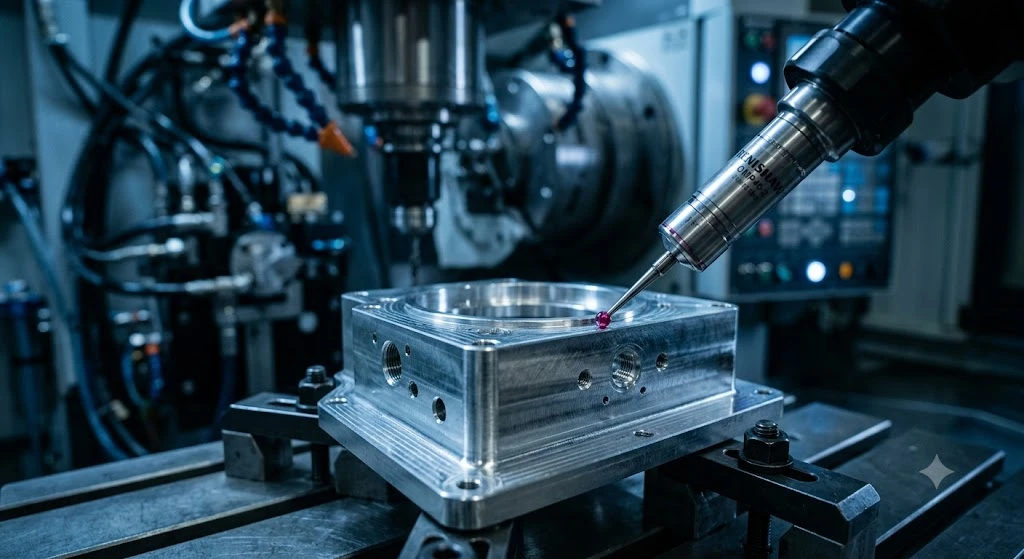 Precision measurement probe inspecting a machined metal component on a CNC workstation. Precision measurement probe inspecting a machined metal component on a CNC workstation.