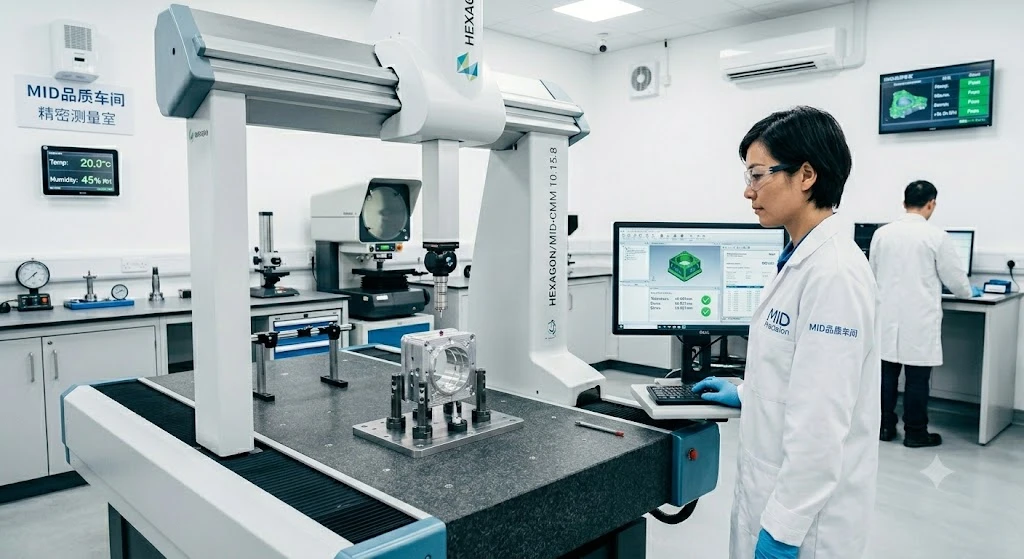 Quality control technician operating a CMM machine in a temperature-controlled metrology laboratory.