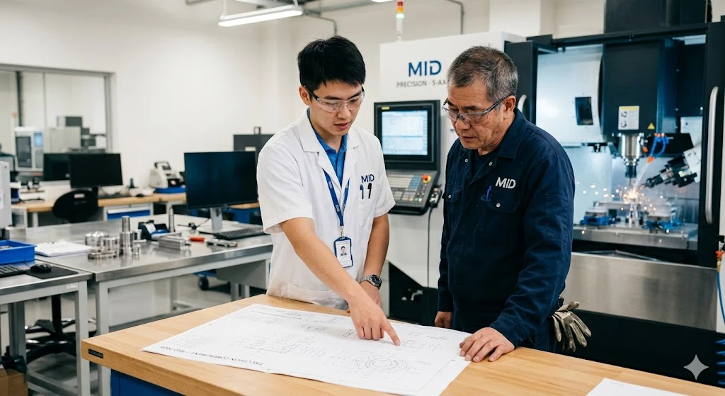 A young Chinese engineer and a senior CNC machinist reviewing a precision component engineering drawing in a modern manufacturing lab. A young Chinese engineer and a senior CNC machinist reviewing a precision component engineering drawing in a modern manufacturing lab.