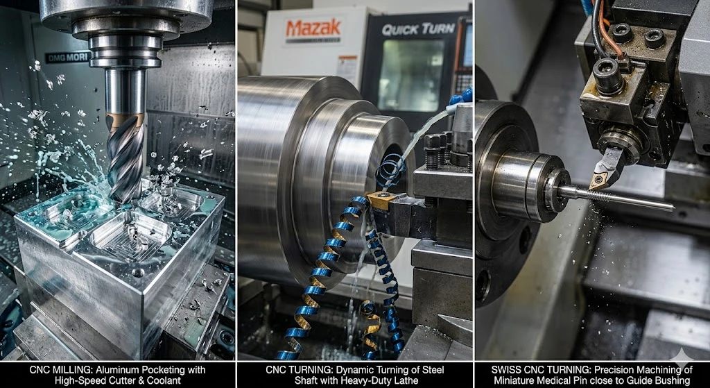 A visual comparison of three common CNC operations: milling complex pockets, turning steel shafts, and Swiss turning precision miniature parts. A visual comparison of three common CNC operations: milling complex pockets, turning steel shafts, and Swiss turning precision miniature parts.