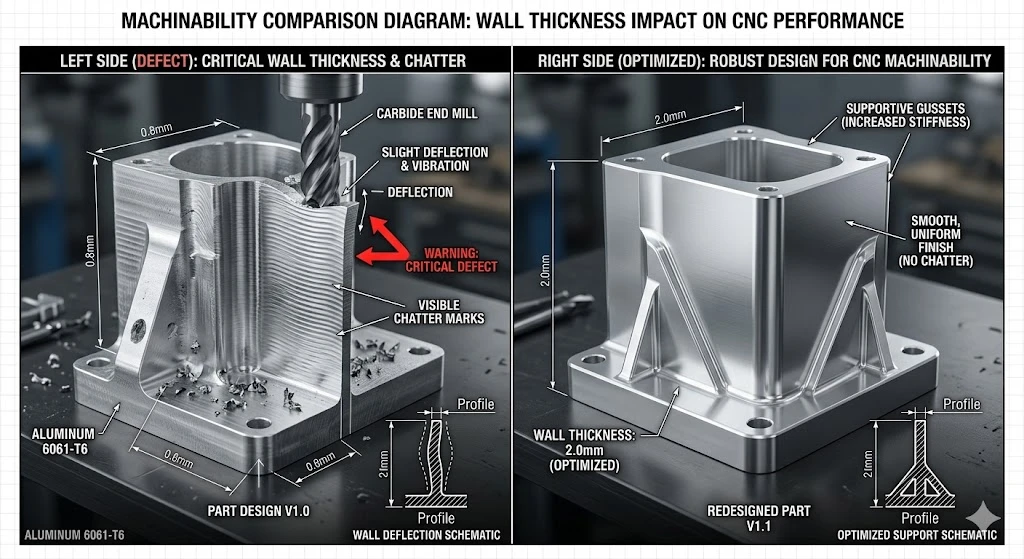 Technical diagram comparing chatter marks on a thin-walled CNC machined part with a dimensionally stable, optimized thick-walled design. Technical diagram comparing chatter marks on a thin-walled CNC machined part with a dimensionally stable, optimized thick-walled design.