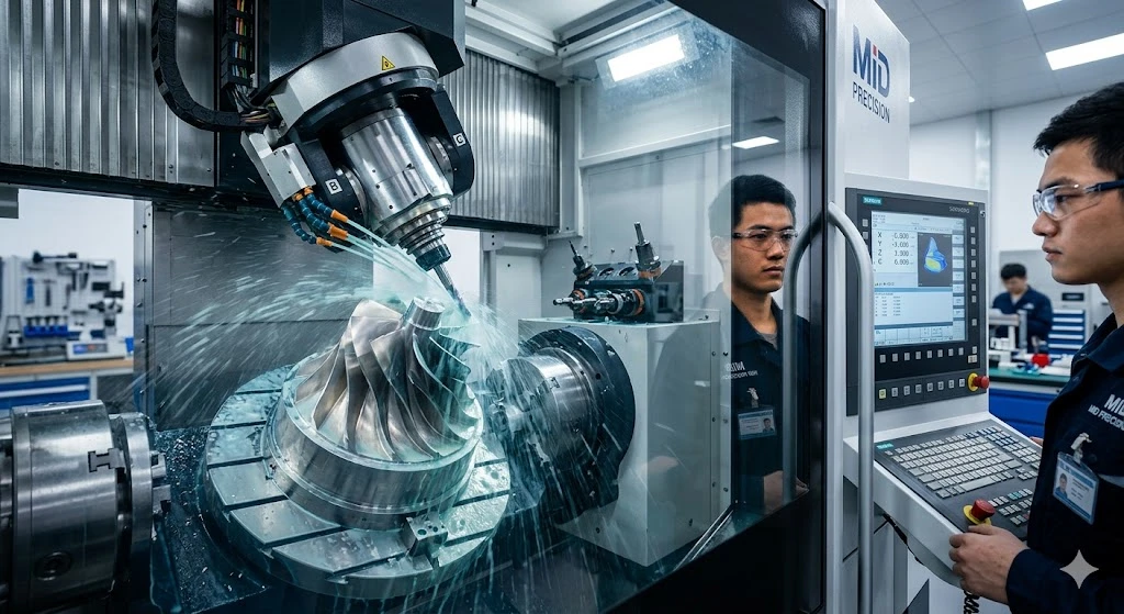 A premium 5-axis CNC machine carving a complex titanium aerospace turbine blade from a solid block in a single setup. A premium 5-axis CNC machine carving a complex titanium aerospace turbine blade from a solid block in a single setup.